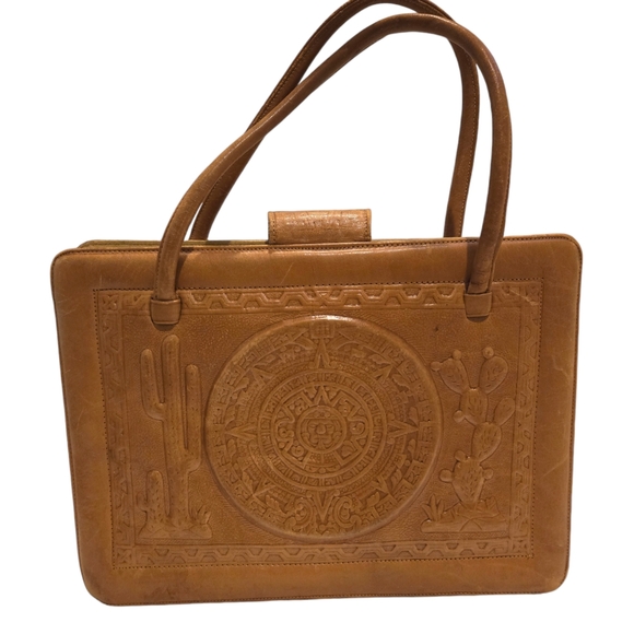 Vintage Mexican Hand Tooled Leather Purse Handbag Cowhide Western 1970s - Picture 6 of 15